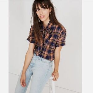 Madewell Short Sleeves Tie Neck Plaid Short Sleeve Button Up Top Size XS